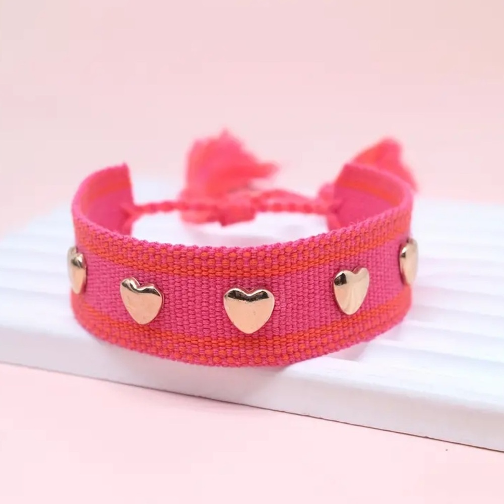 NEW| Women’s Pink Heart Print Embroidered Boho Woven Tassel Bracelet